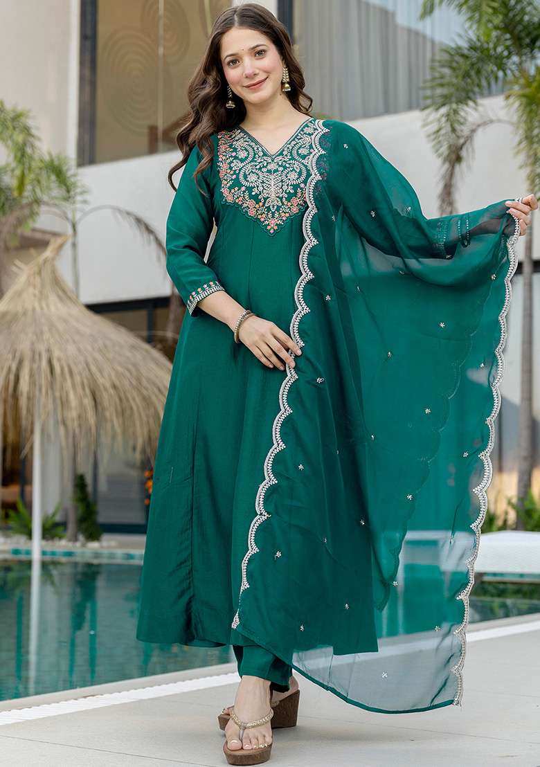 Green Embroidered Chinon Anarkali Set - Indya