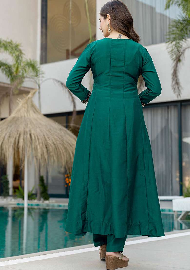 Green Embroidered Chinon Anarkali Set - Indya