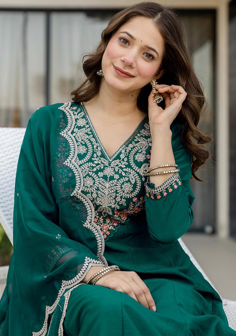 Green Thread Work Chinon Kurta Set - Indya