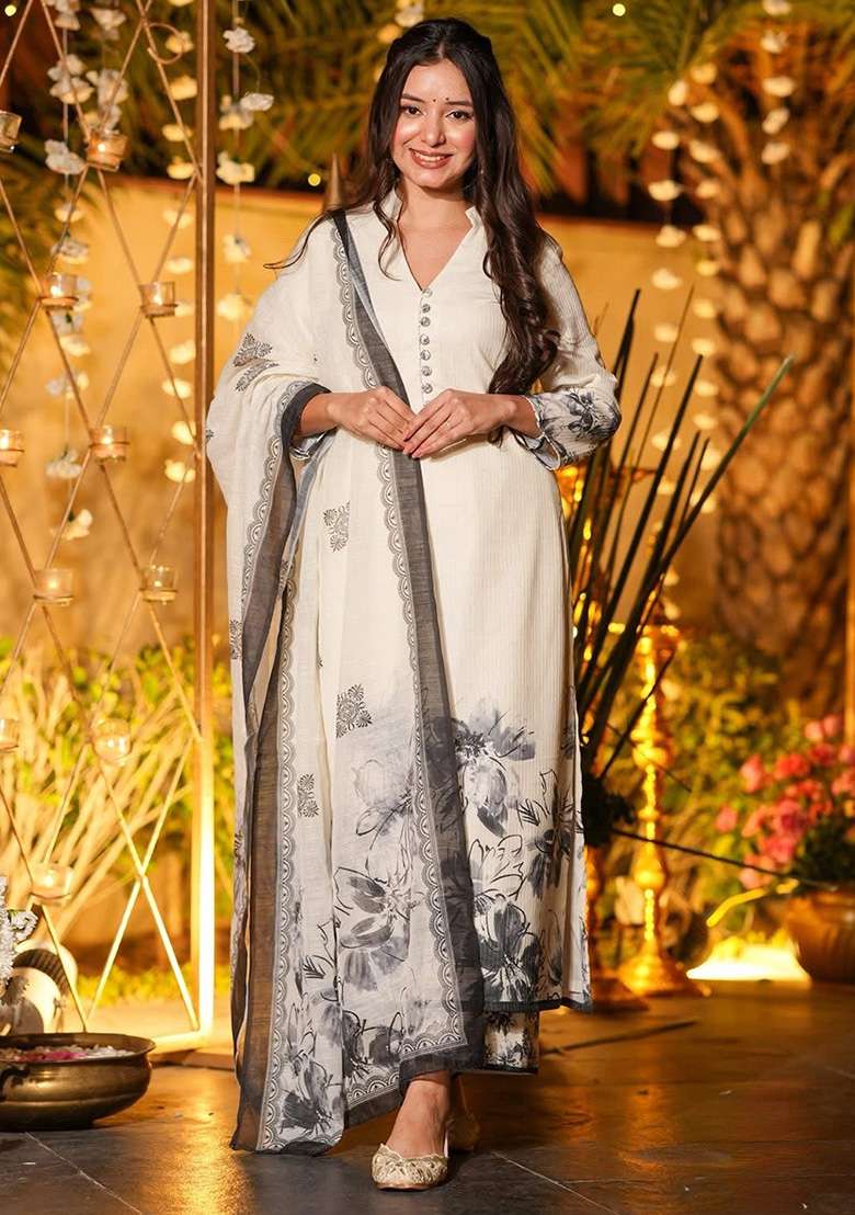 Cream Floral Print Viscose Kurta Set - Indya