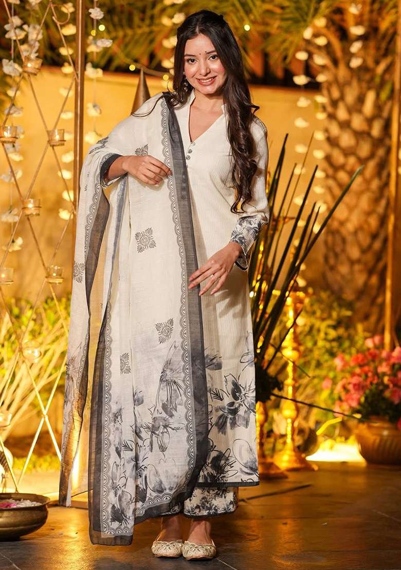 Cream Floral Print Viscose Kurta Set - Indya