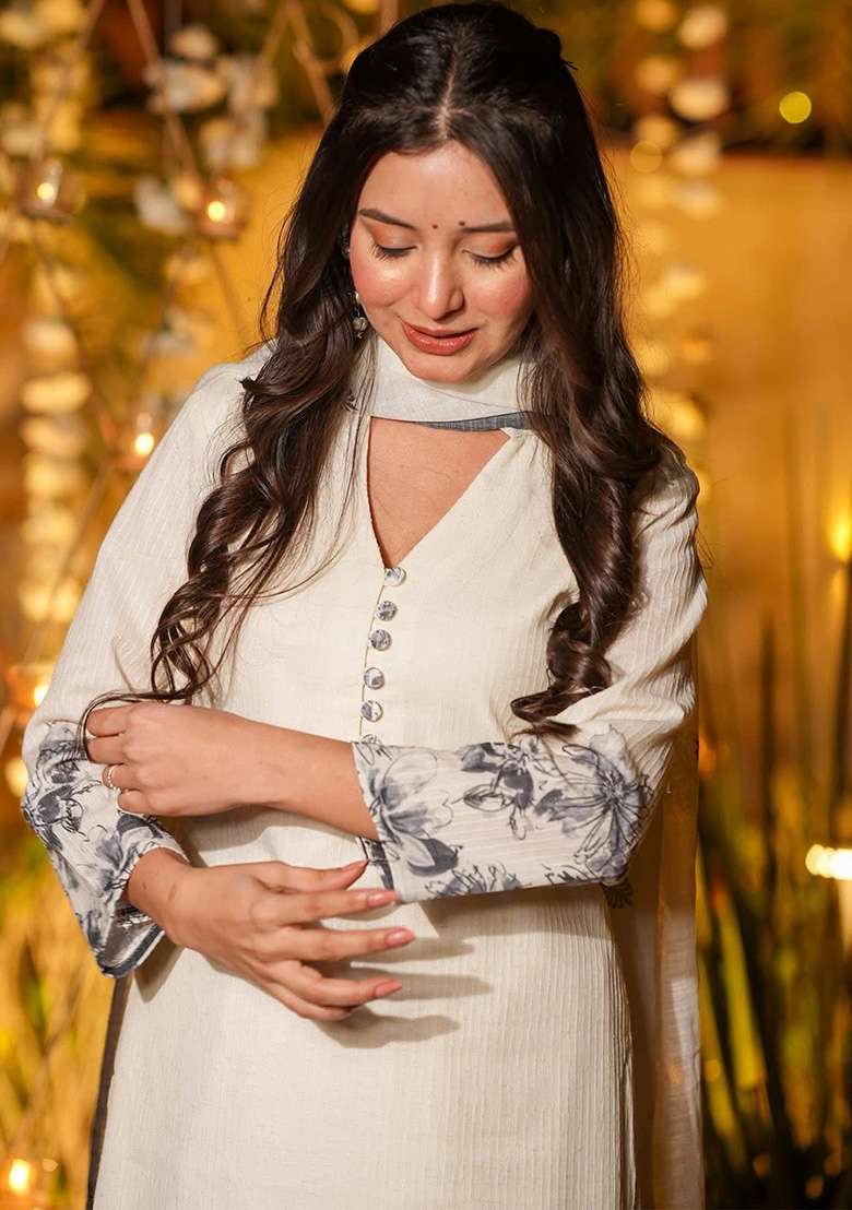 Cream Floral Print Viscose Kurta Set - Indya