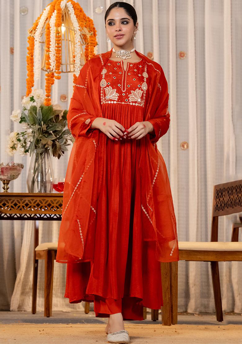 Rust Thread Work Silk Kurta Set - Indya