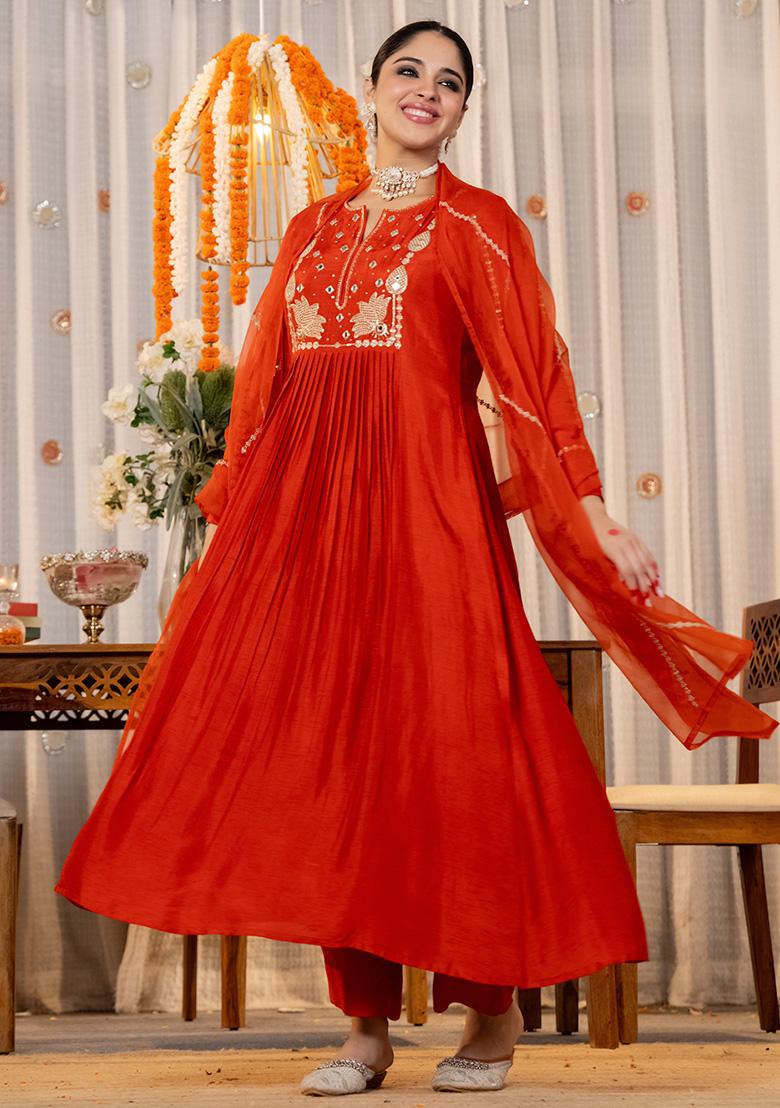 Rust Thread Work Silk Kurta Set - Indya