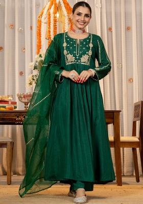 Green Thread Work Silk Kurta Set