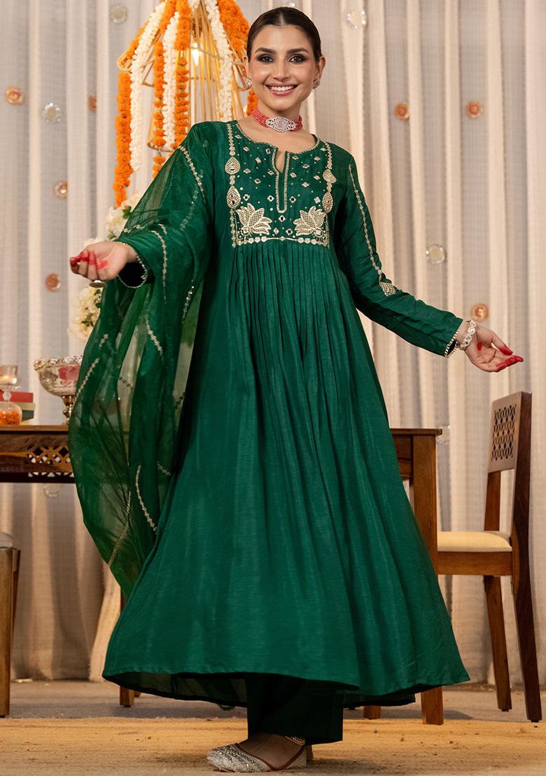 Green Thread Work Silk Kurta Set - Indya