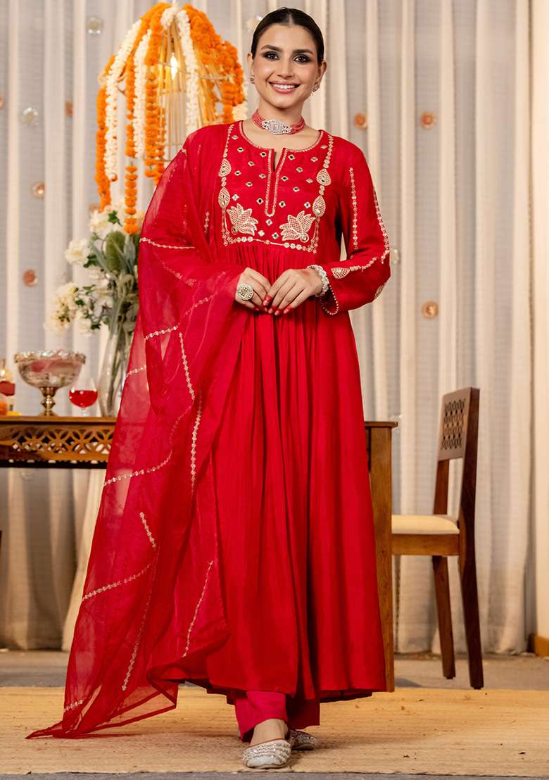 Red Embroidered Silk Blend Anarkali Set - Indya