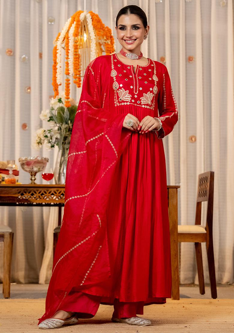 Red Thread Work Silk Kurta Set - Indya