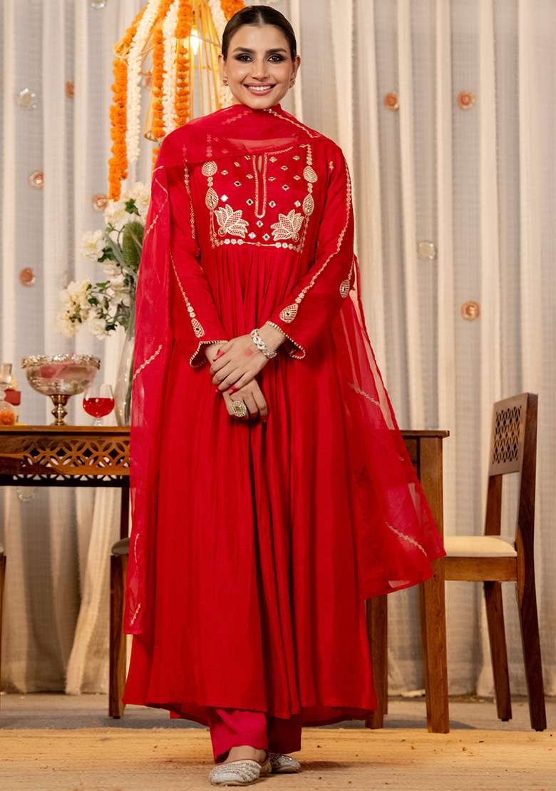 Red Embroidered Silk Blend Anarkali Set - Indya