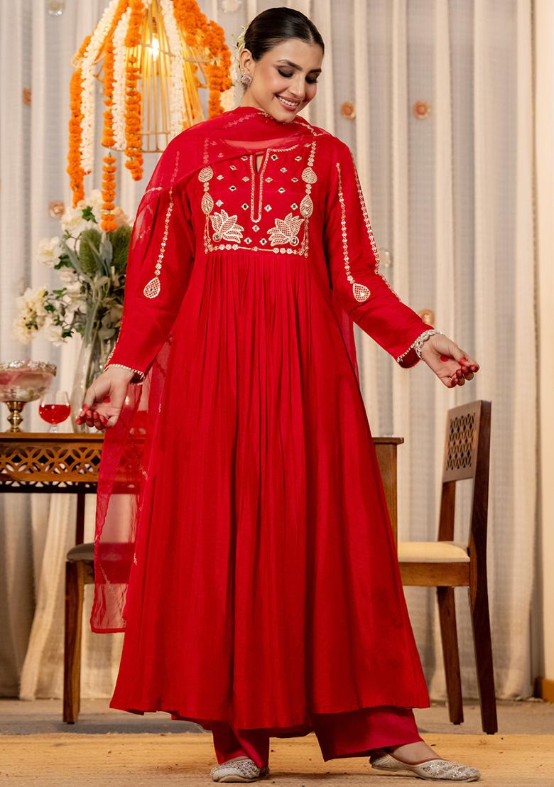 Red Thread Work Silk Kurta Set - Indya