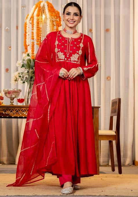 Red Thread Work Silk Kurta Set