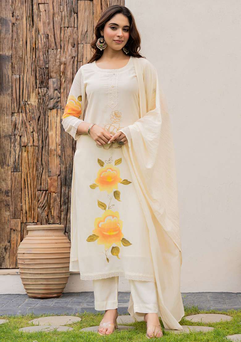 Cream Thread Work Viscose Kurta Set - Indya