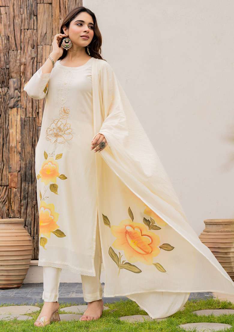 Cream Thread Work Viscose Kurta Set - Indya