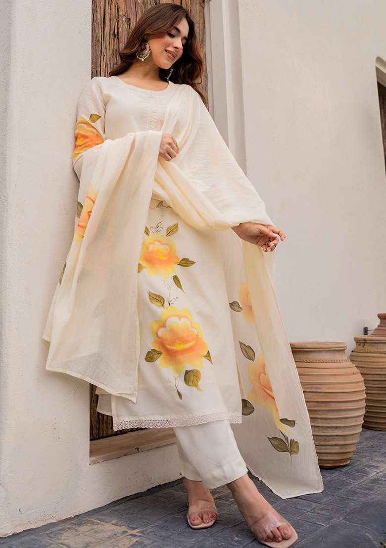 Cream Thread Work Viscose Kurta Set - Indya