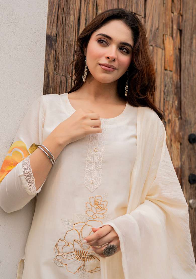 Cream Thread Work Viscose Kurta Set - Indya