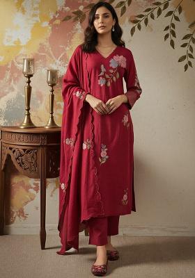 Maroon Thread Work Silk Kurta Set