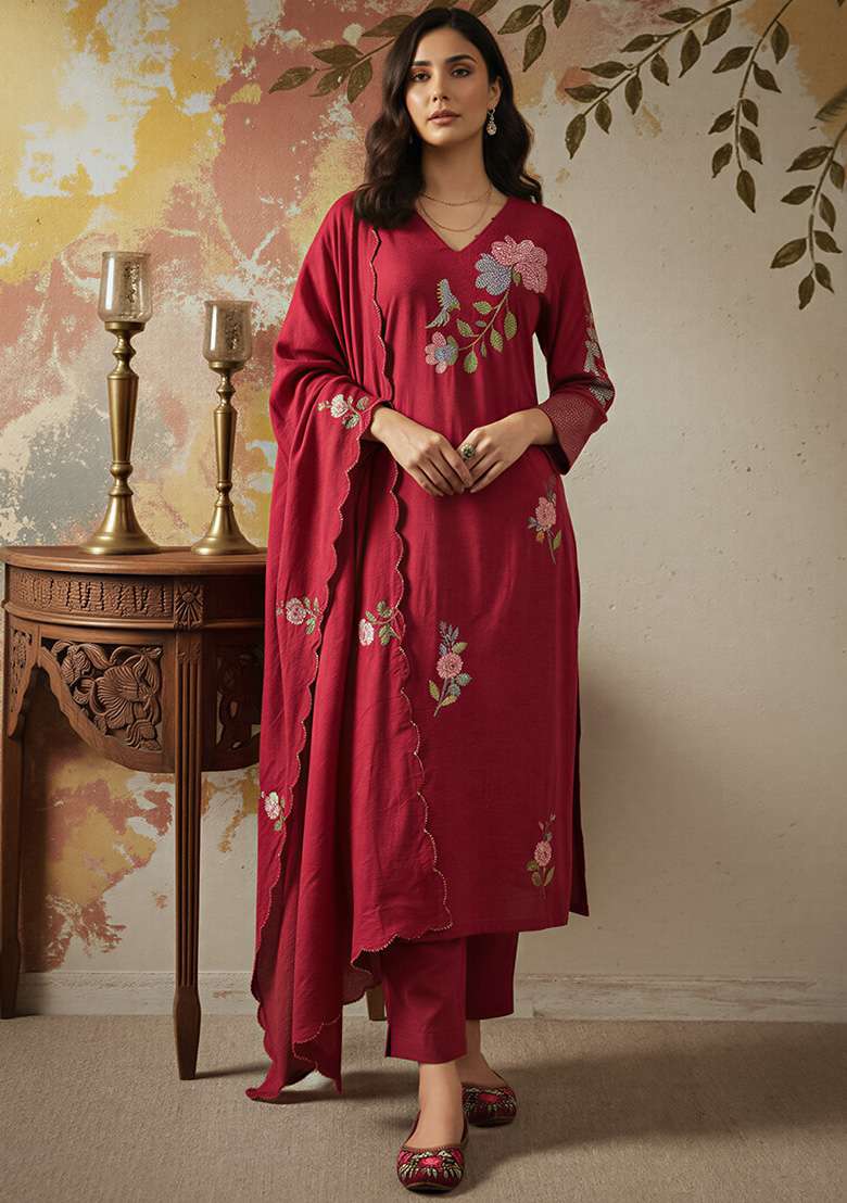 Maroon Embroidered Silk Blend Straight Kurta Set - Indya