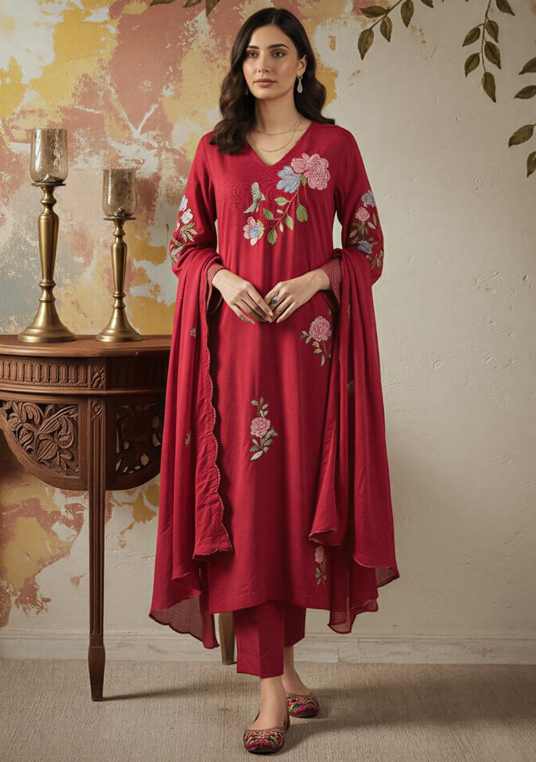 Maroon Thread Work Silk Kurta Set - Indya