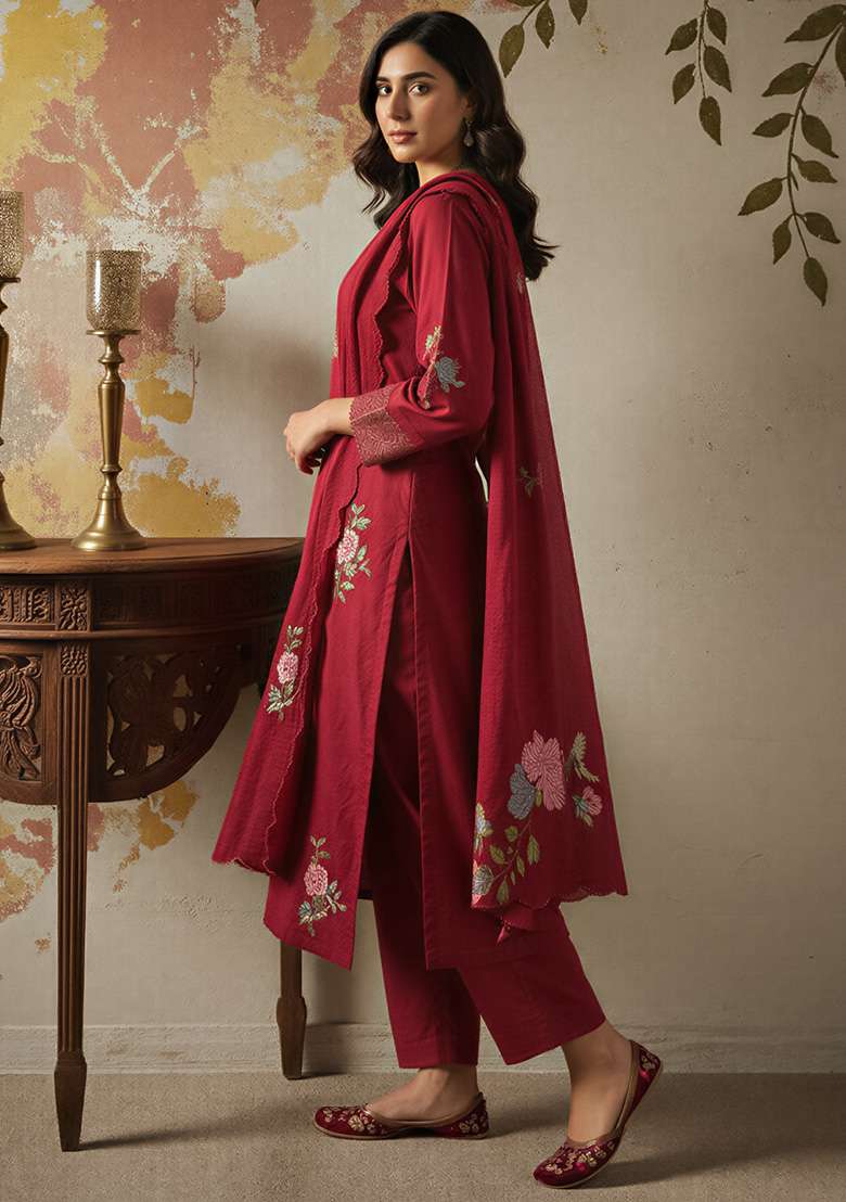 Maroon Embroidered Silk Blend Straight Kurta Set - Indya