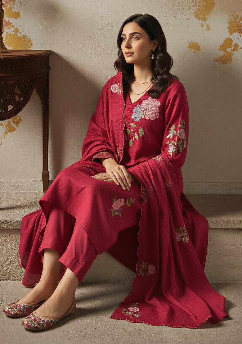 Maroon Thread Work Silk Kurta Set - Indya
