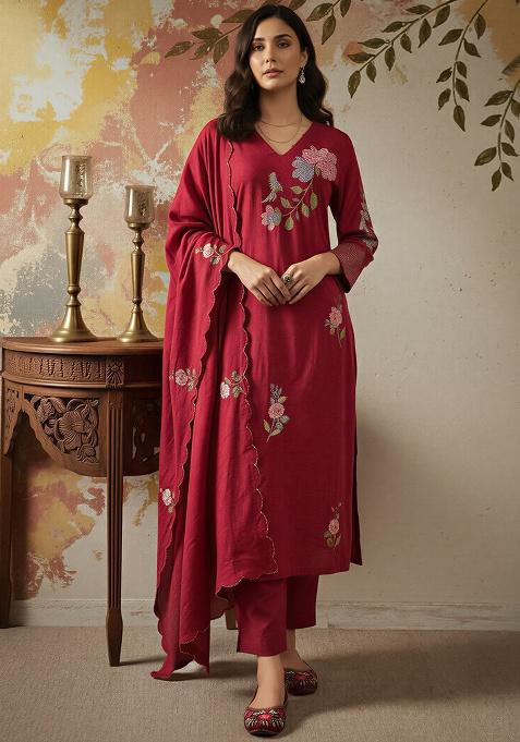 Maroon Thread Work Silk Kurta Set