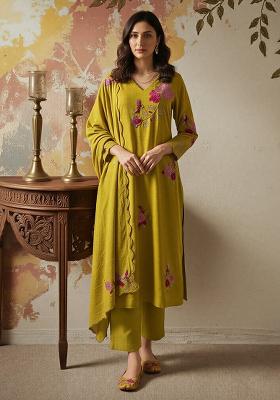Mustard Thread Work Silk Kurta Set