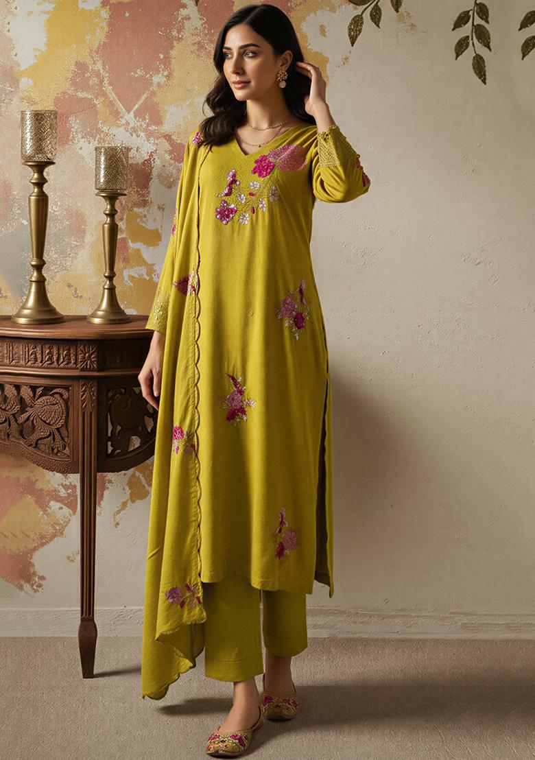 Mustard Thread Work Silk Kurta Set - Indya