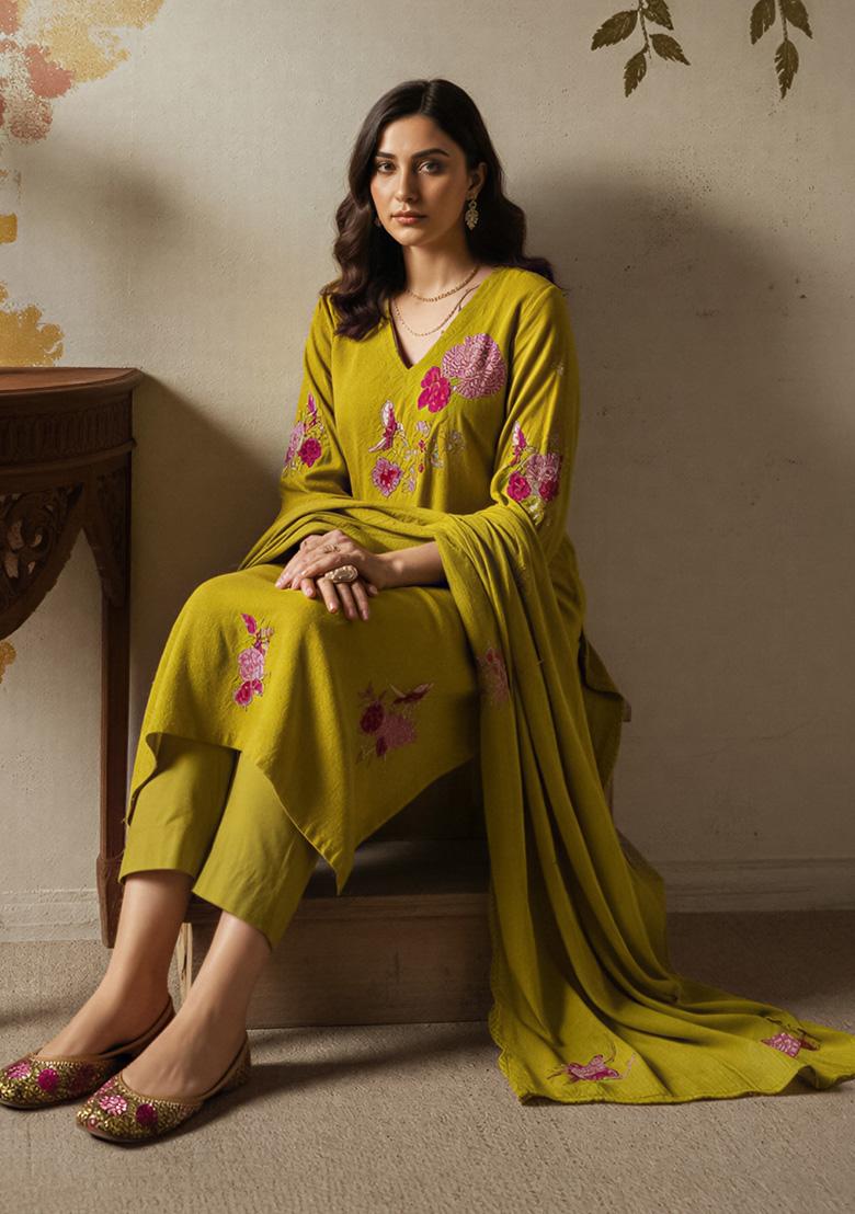 Mustard Thread Work Silk Kurta Set - Indya