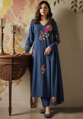 Navy Blue Thread Work Silk Kurta Set
