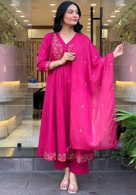 Rani Pink Thread Work Silk Kurta Set