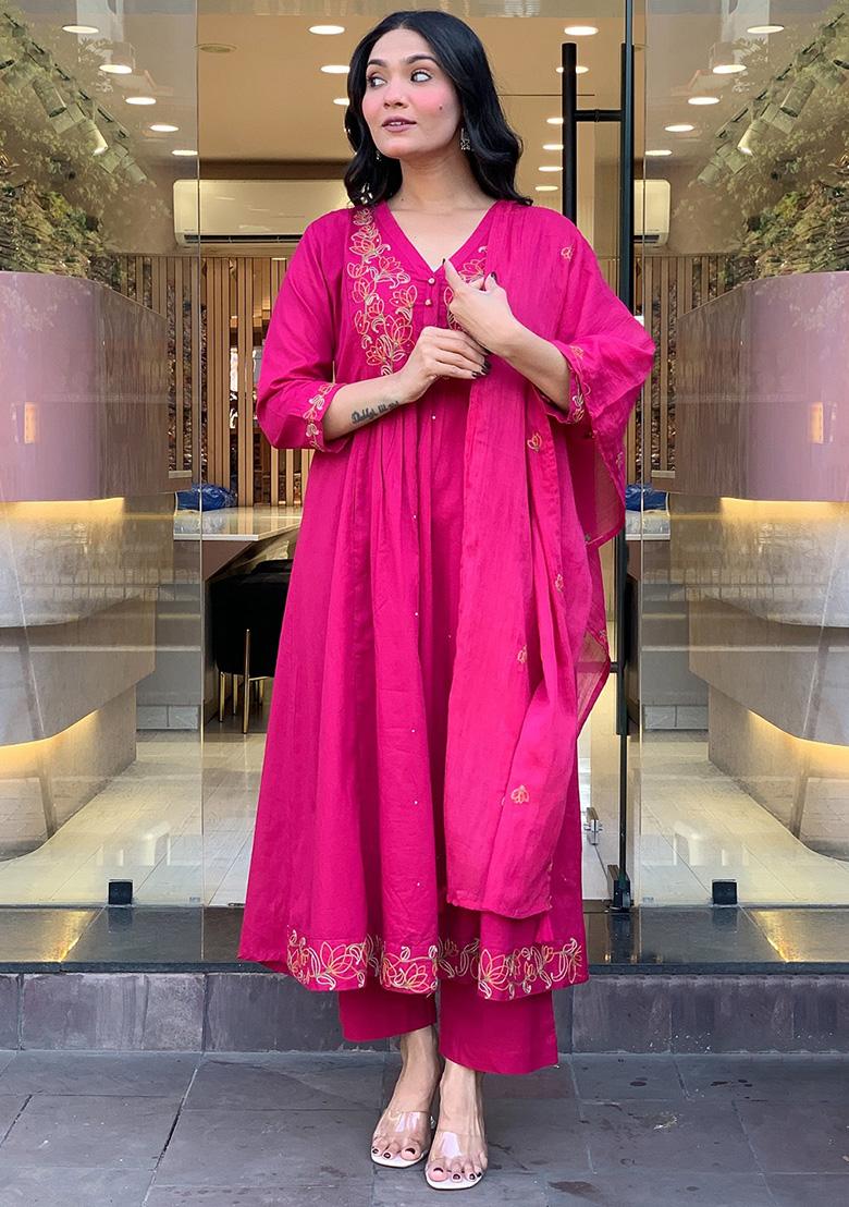 Rani Pink Thread Work Silk Kurta Set - Indya