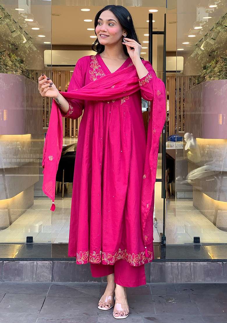 Rani Pink Embroidered Silk Blend Anarkali Set - Indya