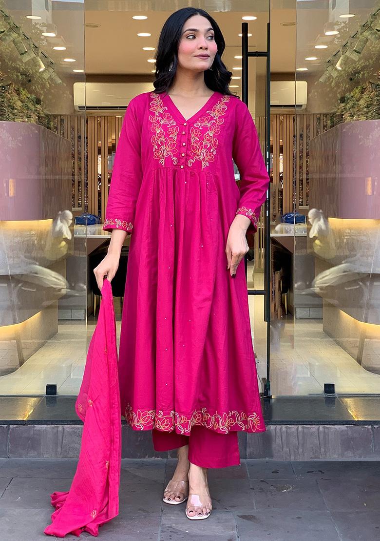 Rani Pink Thread Work Silk Kurta Set - Indya