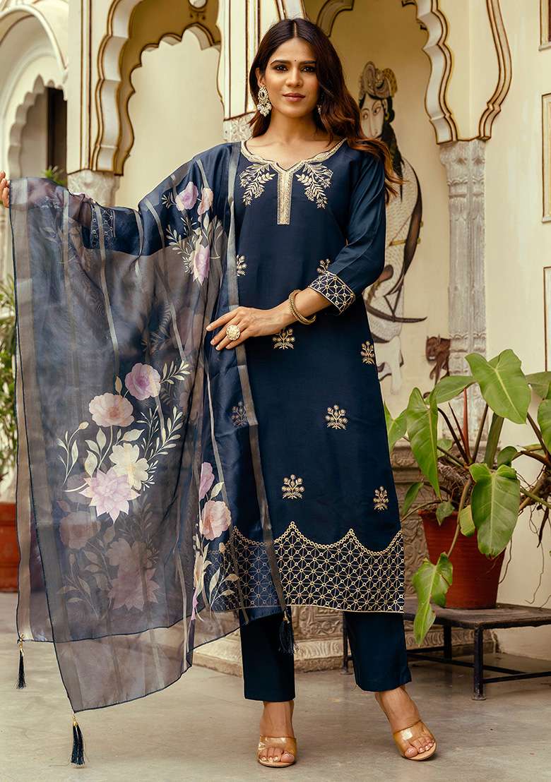 Navy Blue Embroidered Viscose Straight Kurta Set - Indya