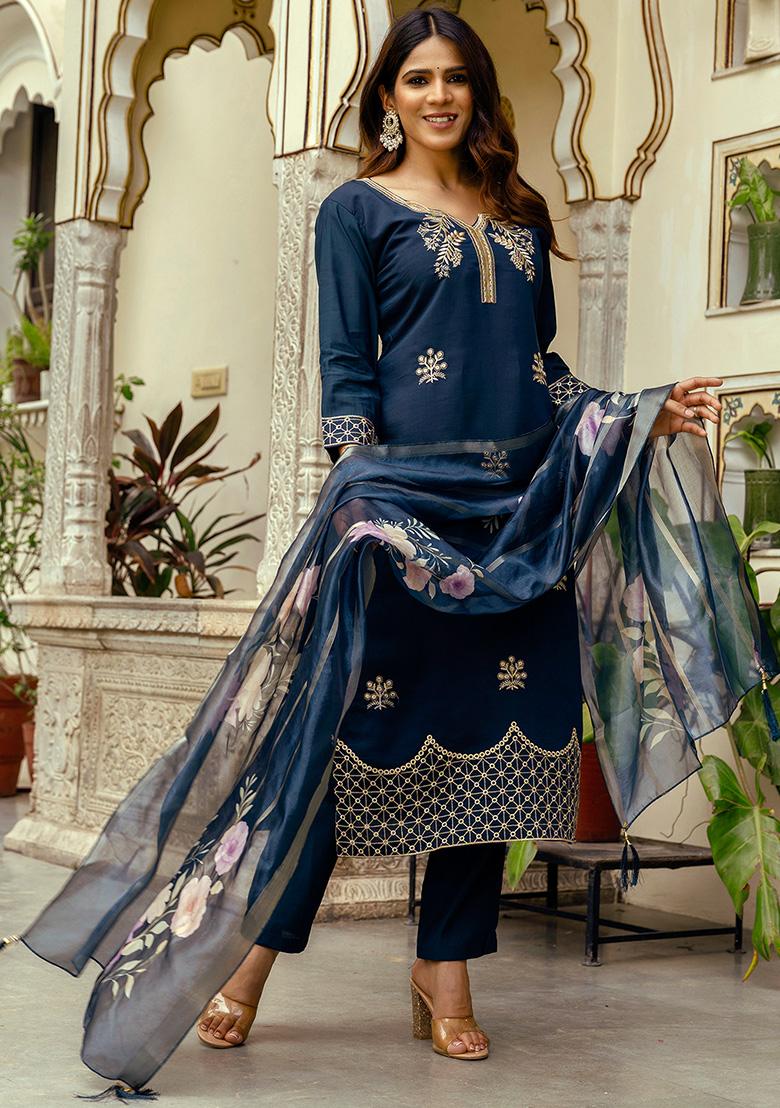 Navy Blue Thread Work Viscose Kurta Set - Indya