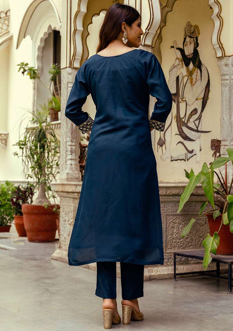 Navy Blue Embroidered Viscose Straight Kurta Set - Indya