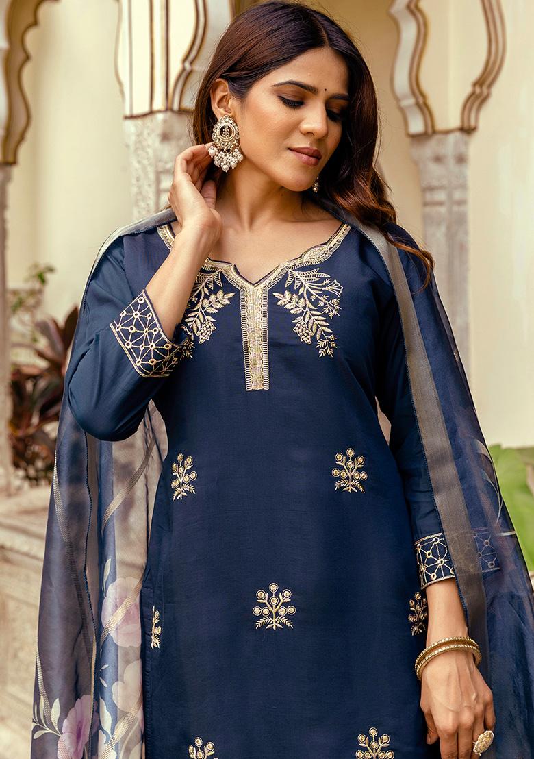 Navy Blue Thread Work Viscose Kurta Set - Indya