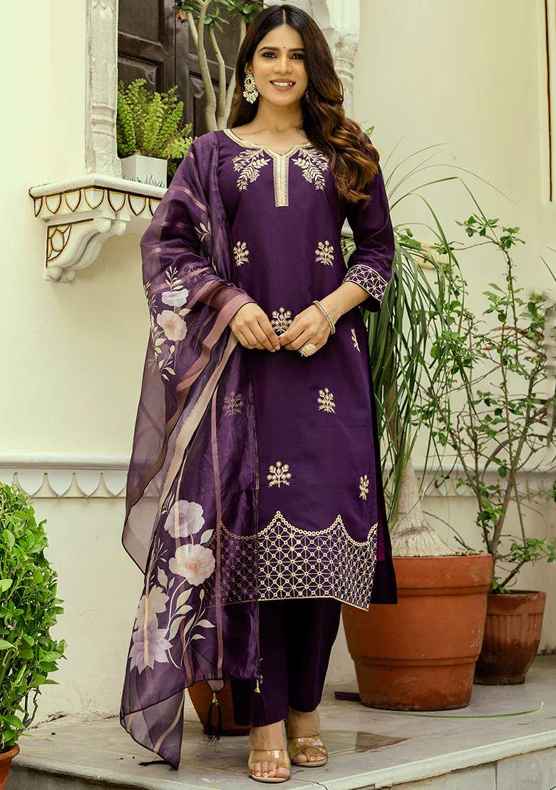 Wine Embroidered Viscose Straight Kurta Set - Indya