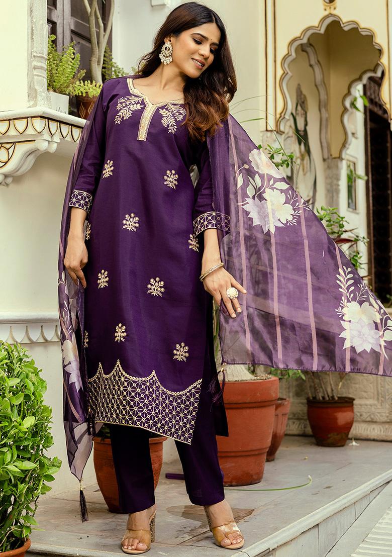 Wine Thread Work Viscose Kurta Set - Indya