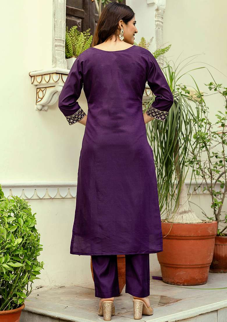 Wine Embroidered Viscose Straight Kurta Set - Indya