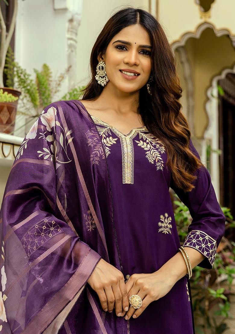 Wine Thread Work Viscose Kurta Set - Indya
