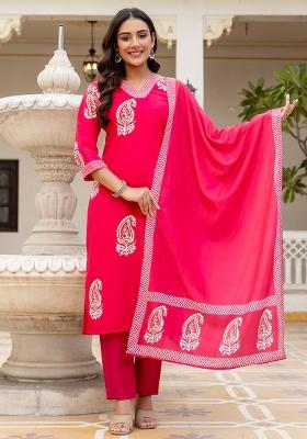 Pink Floral Print Rayon Kurta Set