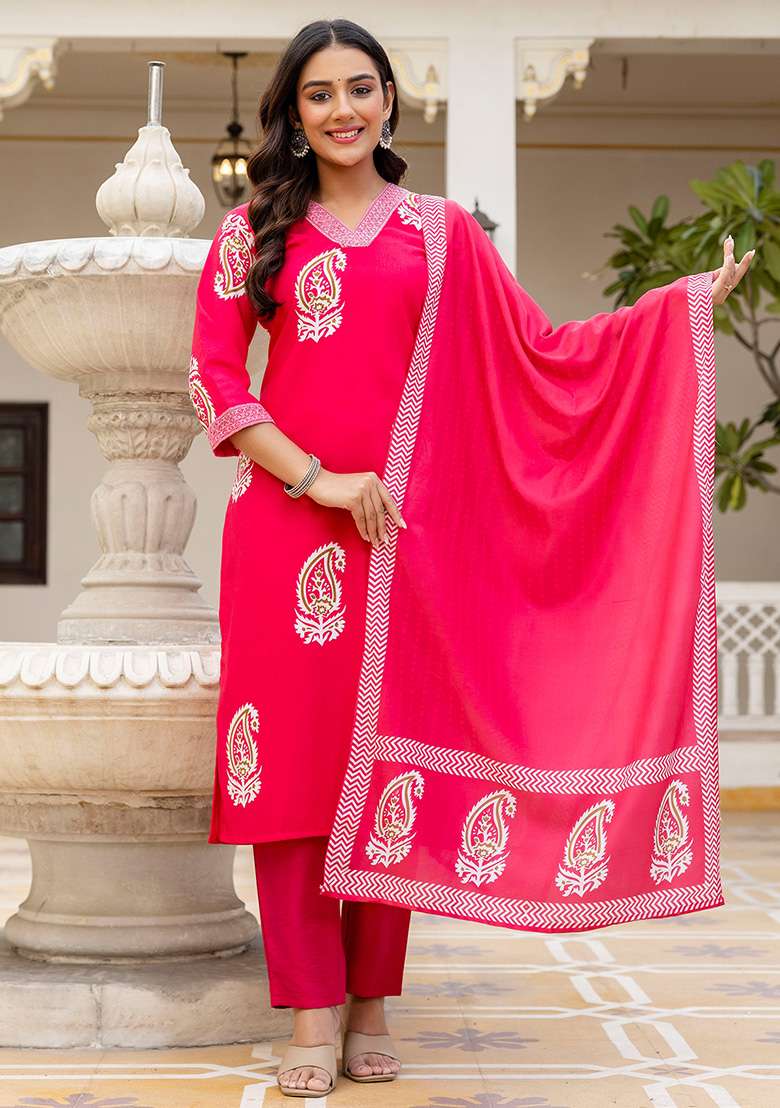 Pink Embroidered Rayon Straight Kurta Set - Indya