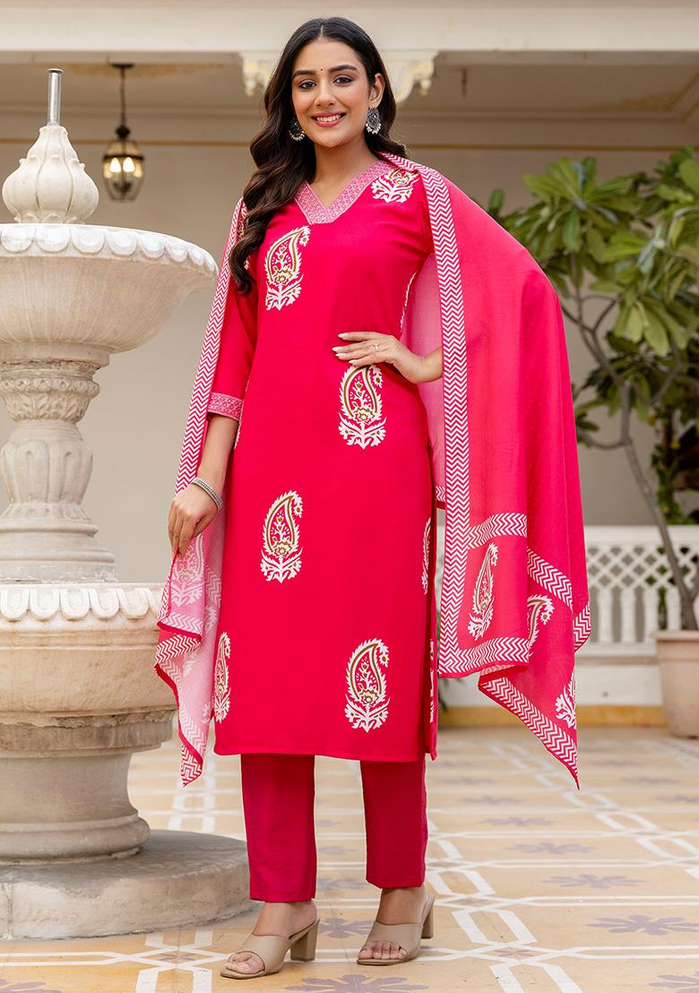 Pink Floral Print Rayon Kurta Set - Indya
