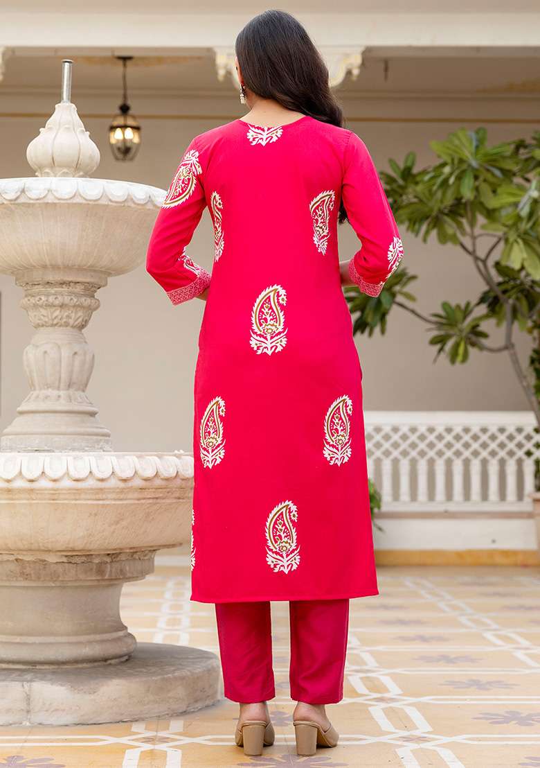 Pink Embroidered Rayon Straight Kurta Set - Indya