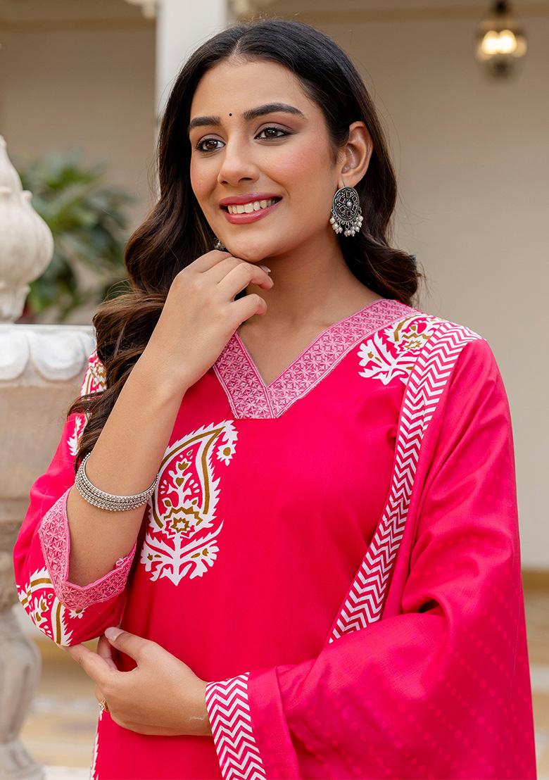 Pink Floral Print Rayon Kurta Set - Indya