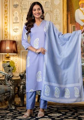 Light Purple Floral Print Rayon Kurta Set