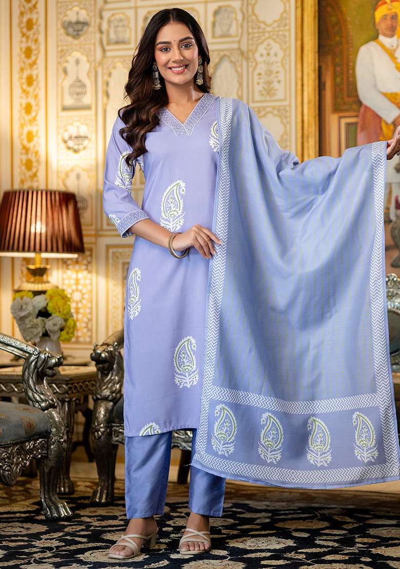 Light Purple Printed Rayon Straight Kurta Set - Indya