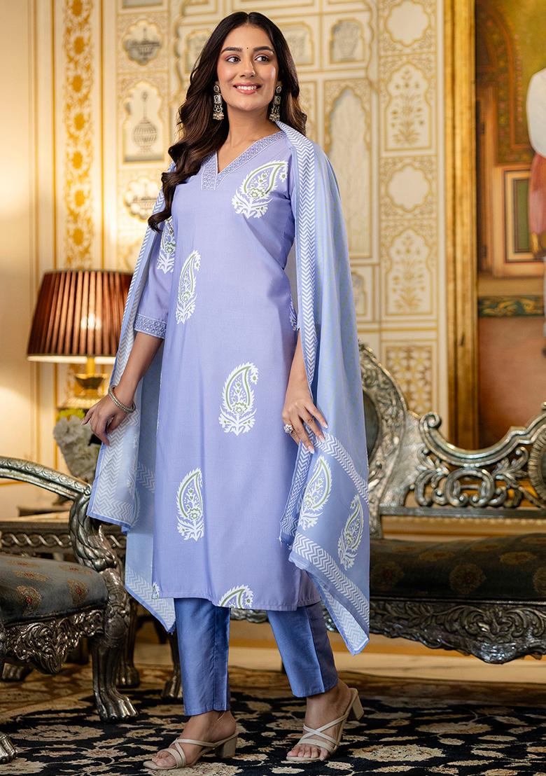 Light Purple Floral Print Rayon Kurta Set - Indya