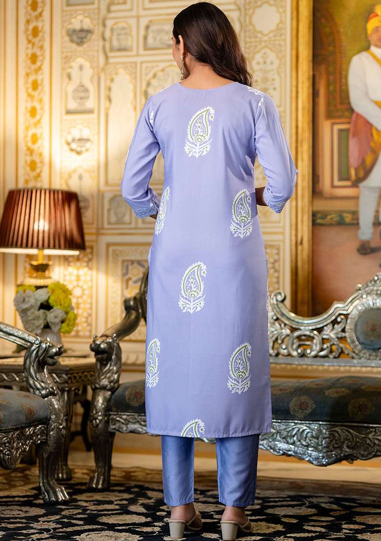 Light Purple Printed Rayon Straight Kurta Set - Indya